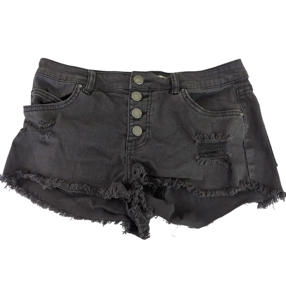 Billabong Button Fly Jean Shorts Women 28 Black Distressed Beach Festival Grunge